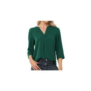 Asklazy Womens Tops Casual Chiffon Blouses Tops 3/4 Sleeve V Neck Tunic Top Loose Shirt,US Size,S,Dark Green